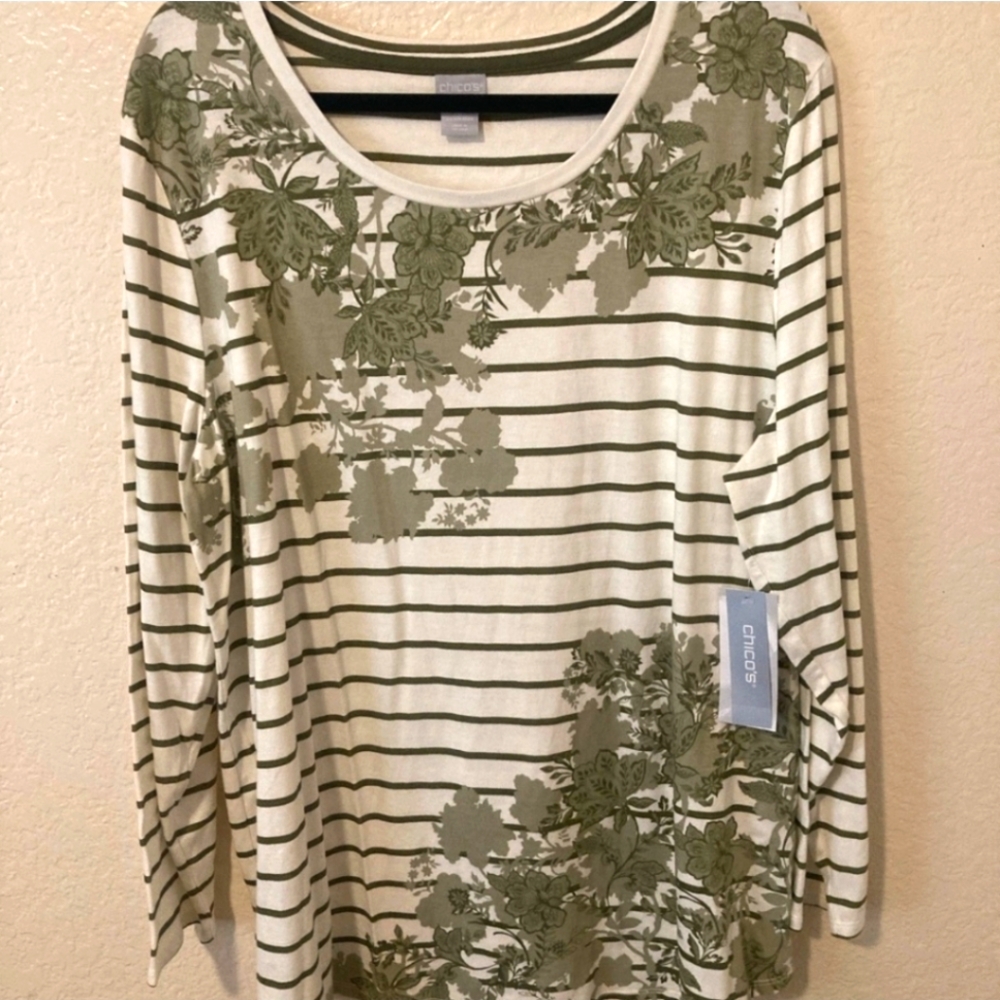 CHICO'S zenergy GARDEN TUNIC TOP striped floral LONG SLEEVES brand new SIZE XXL